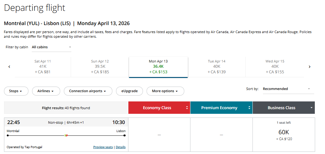 Flight to Lisbon with TAP Portugal in Business Class with Aeroplan Points