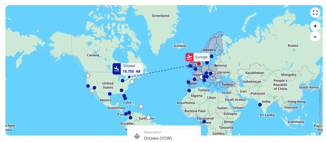 Flying Blue Promo Rewards: Ottawa in Economy for 18,750 Miles