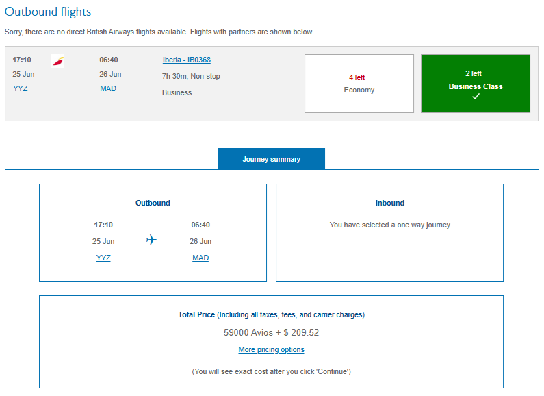 Iberia business class with British Airways Avios