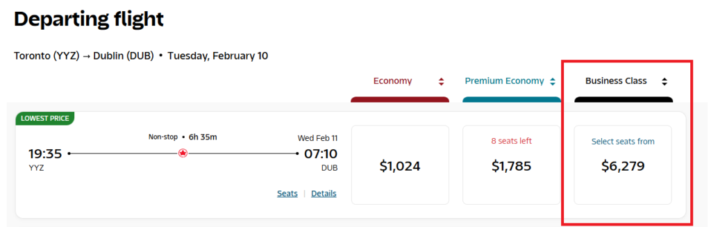 Toronto to Dublin  with Air Canaad in Business Class $6,279 Cash Price