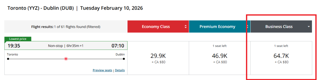 Toronto to Dublin in Business Class with Air Canaad for only 64,700 Aeroplan points