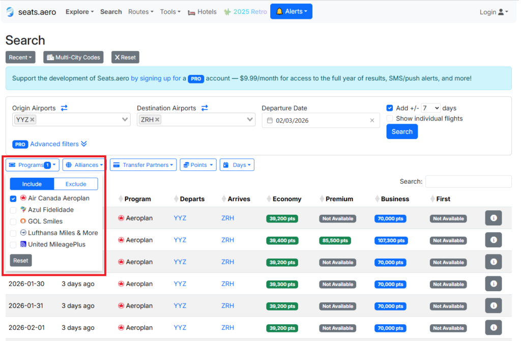 Seats.Aero Free Version - Aeroplan Search Toronto to Zurich