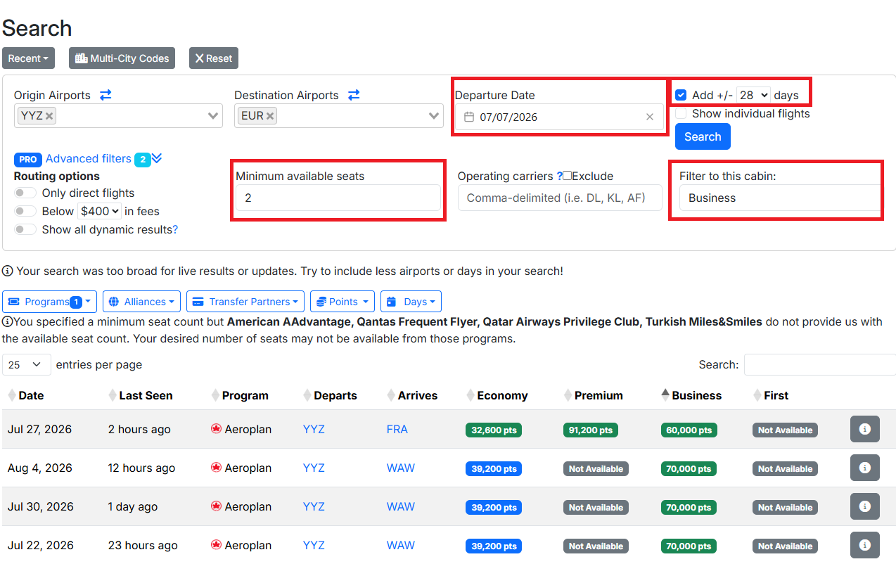 Seats.Aero Pro Search Toronto to Europe