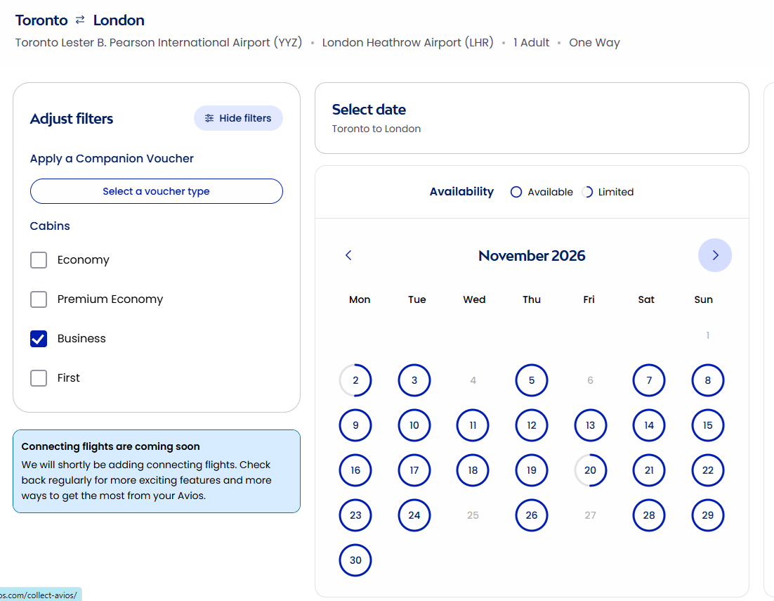 Best Tools to Find Award Flights: Avios Award Search Tool Resulst YYZ to LON
