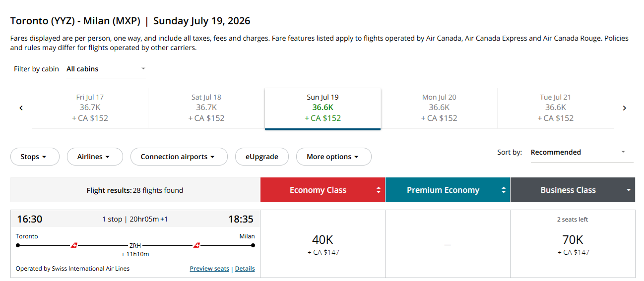 Toronto to Milan in business class for 70,000 Aeroplan  points