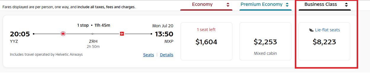 business class flight with Swiss Air from Toronto to Milan cash price 