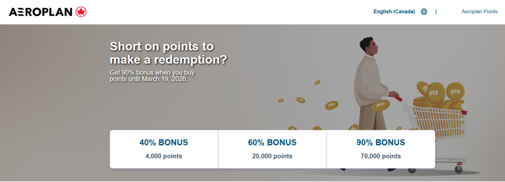 Buy Aeroplan points with up to 90% bonus - March 2026