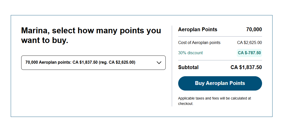 buy 70K Aeroplan points with 30% discount