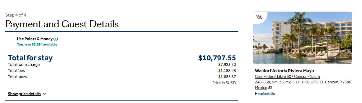 Waldorf Astoria Riviera Maya Cash Price for 5 nights Buy hilton points with 100% bonus vs Waldorf Astoria Riviera Maya Cash Price for 5 nights