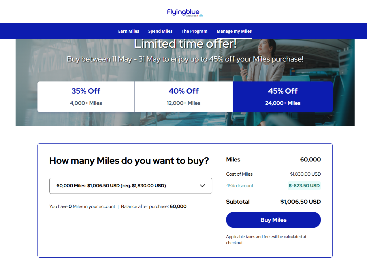 Buy Flying Blue Miles Promotion: Buy Flying Blue miles 45% dicount