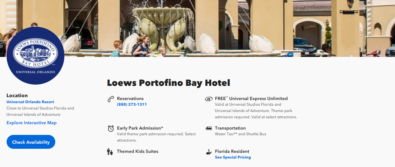 Amex Platinum $200 Travel Credit at the Loews Portofino Bay hotel in Orlando, American Express Fine Hotels and Resorts,