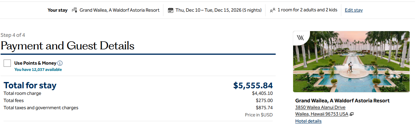 Waldorf Astoria Riviera Maya Cash Price for 5 nights Buy Hilton points Bonus: Grand Wailea, A Waldorf Astoria Resort Dec 2026 5 nights cash