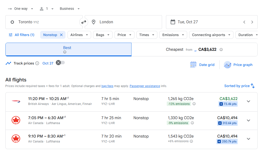 How to Find British Airways Avios Flights: Google Flights Toronto to London