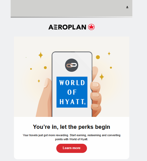 Air Canada Business Class Flight with Aeroplan® Points link Aeroplan and World of Hyatt accounts