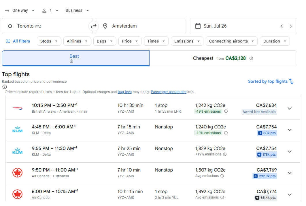 Seats.aero Google Flights Chrome Extension: toronto to Paris