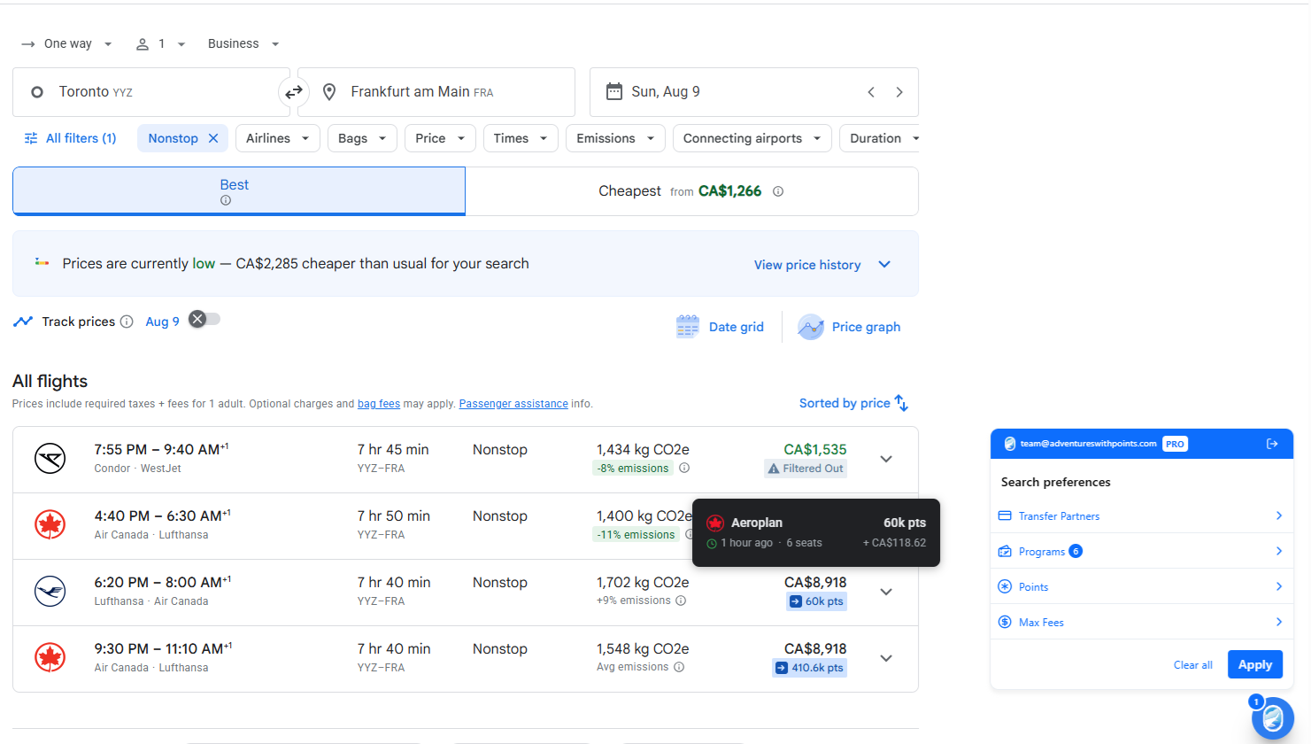 Seats.aero Google Flights Chrome Extension: YYZ to FRA Aug 2026