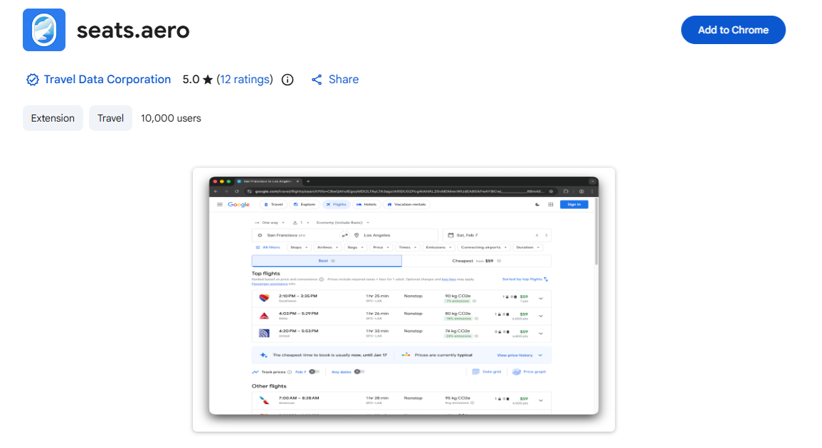 Seats.aero Google Flights Chrome Extension
