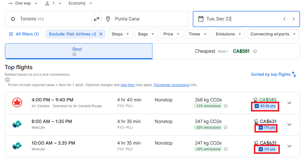 Redeem Flying Blue miles for Air France Business Class Flight Book WestJet Flights with Flyign Blue points: WestJet YVR to Punta Cana Dec 2026 with Seats.aero on Google flights