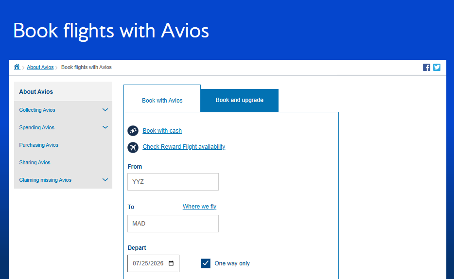 How to Find British Airways Avios Flights: one way Toronto to Madrid