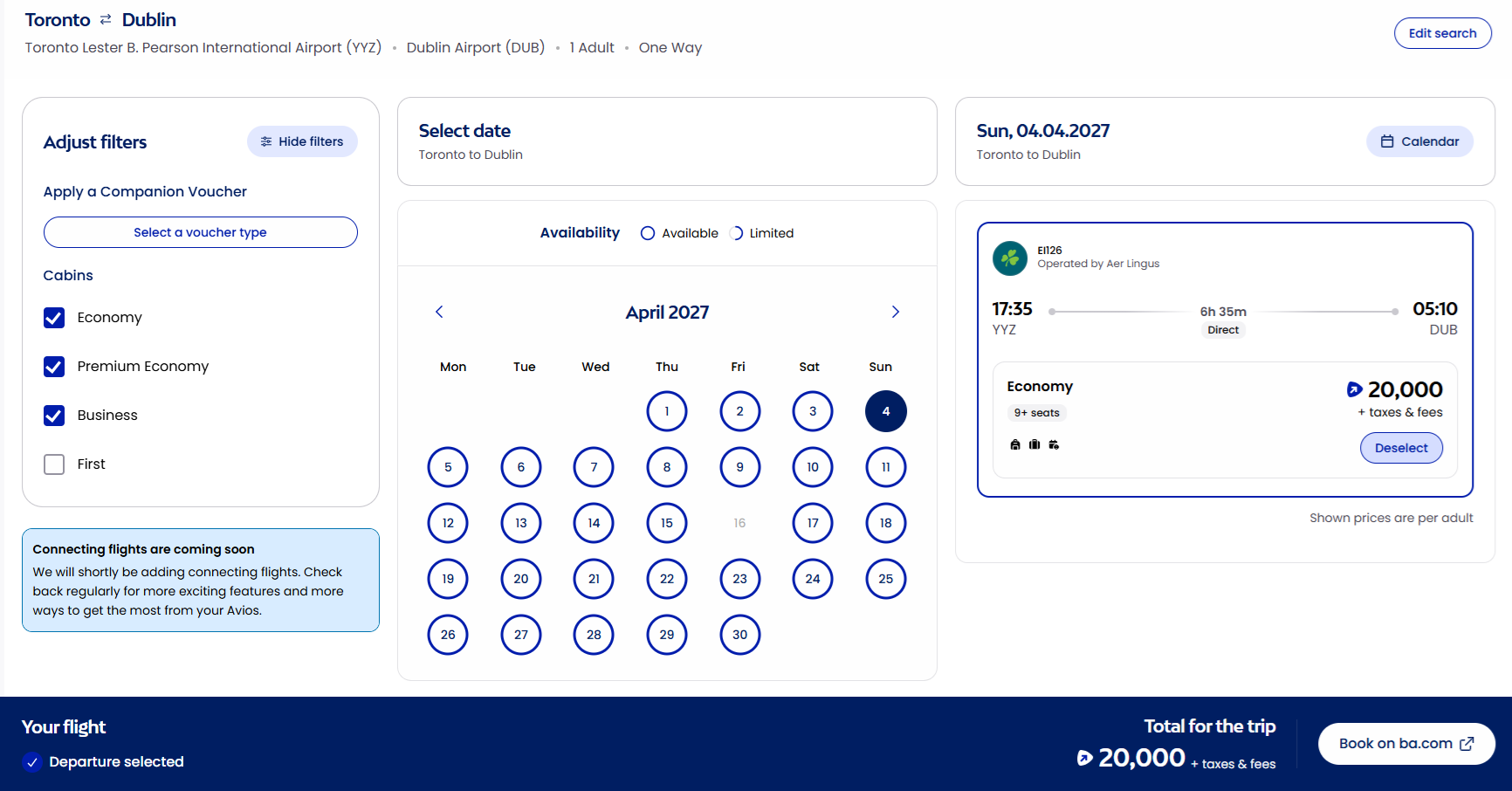 Avios Award Search Tool YYZ to DUB