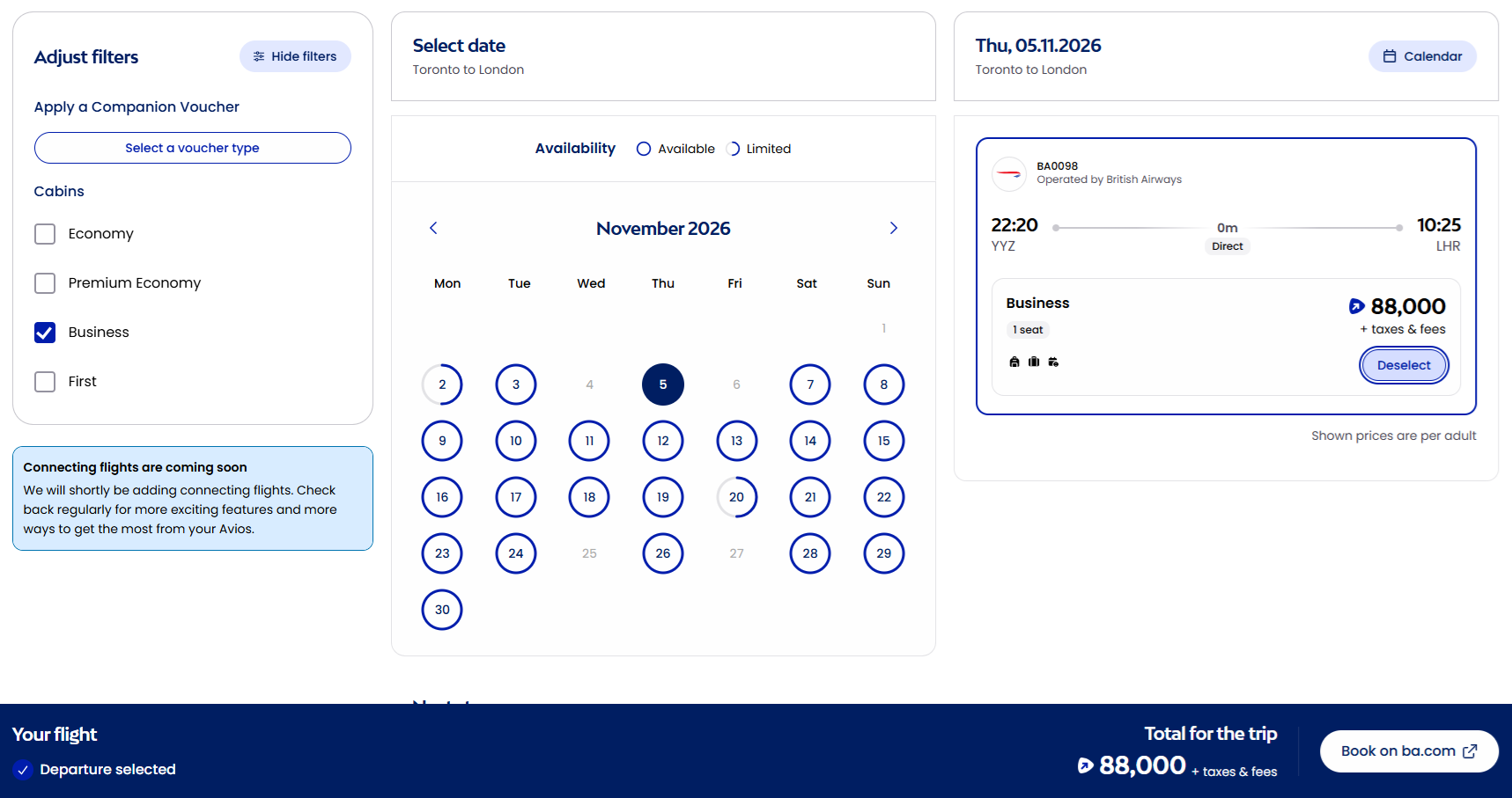 Avios Award Search Tool YYZ to LHR 3
