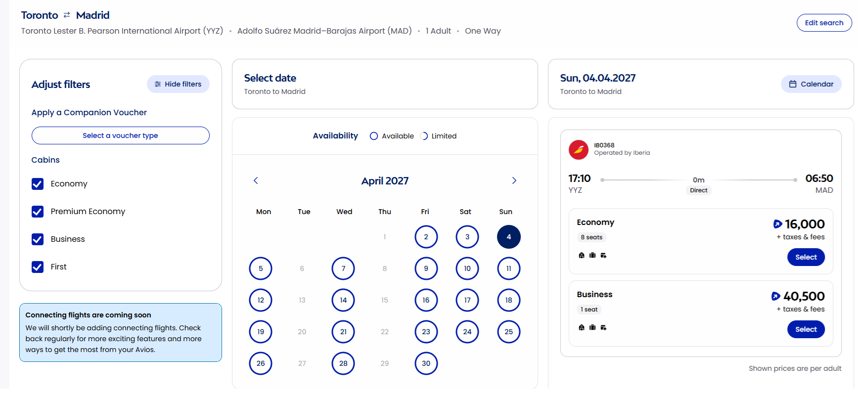 Avios Award Search Tool YYZ to MAD