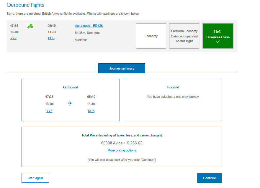British Airways Avios with Aer Lingus Dublin Bus 60K