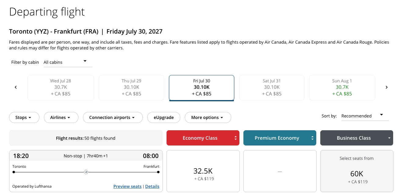 Buy Aeroplan Points Promotion Aeroplan YYZ to FRA Bus July 30 2026